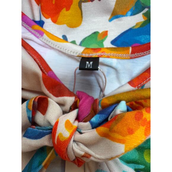 Y2K Halter Midi Dress Sz M Floral Orange Pink Teal Side Slits New Tropical Beach - Picture 8 of 9